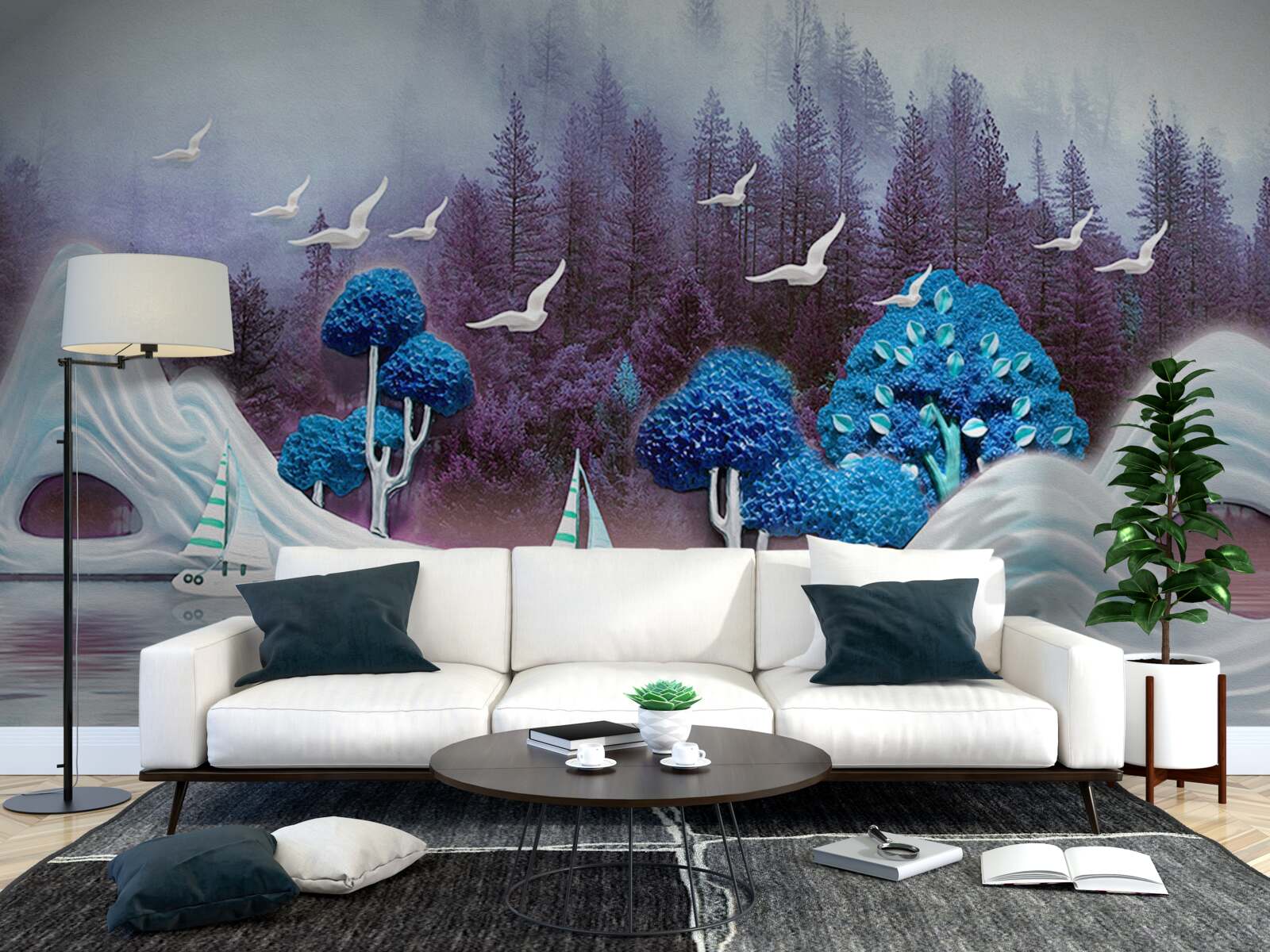 Fotobehang schepen op zeil varen over een donker meer