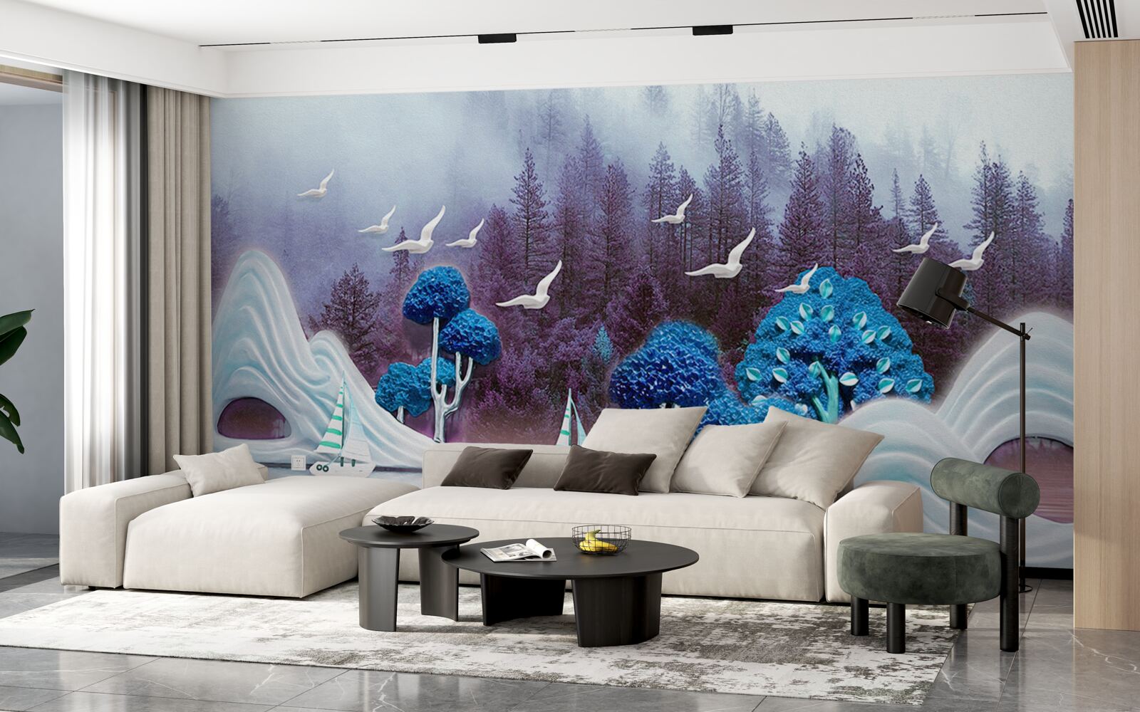 Fotobehang schepen op zeil varen over een donker meer