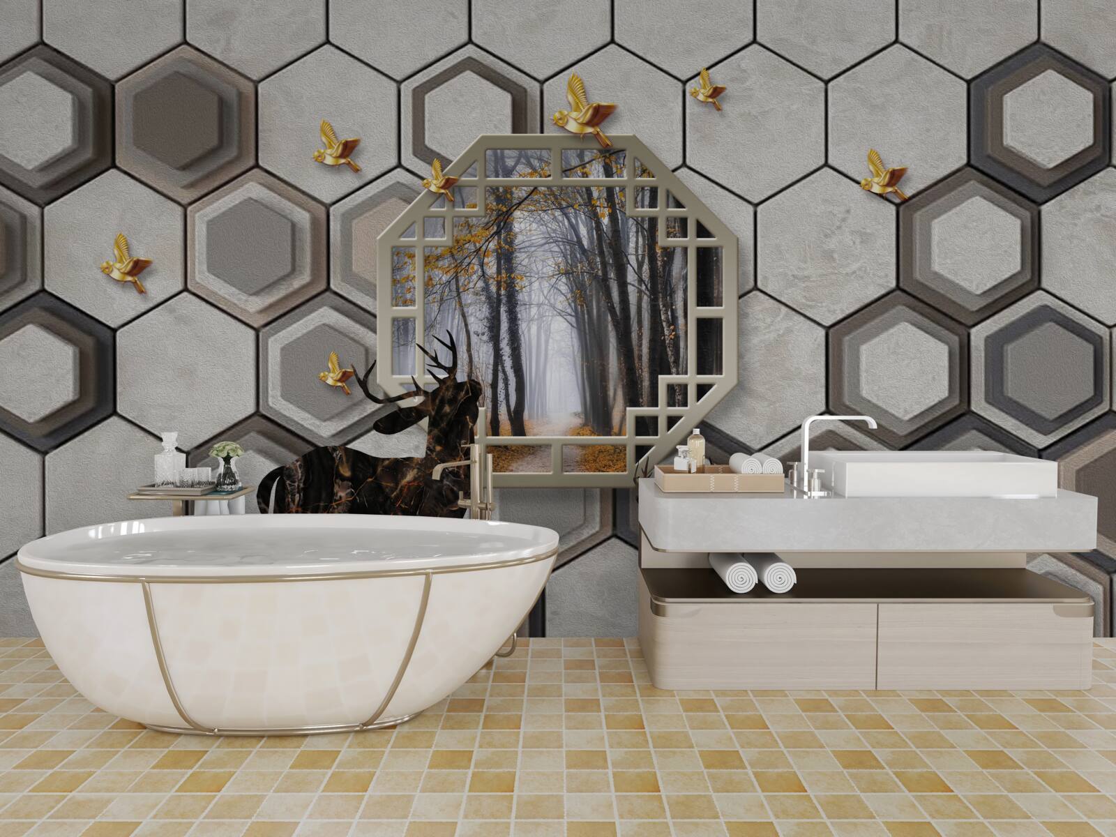 Fotobehang Herten op een bosgrond gemaakt met mozaïeken