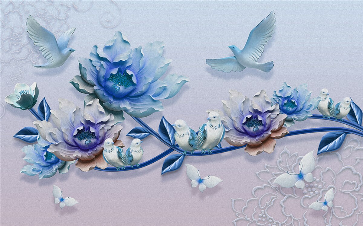 Fotobehang een tak met blauwe bloemen is een paradijs voor duiven