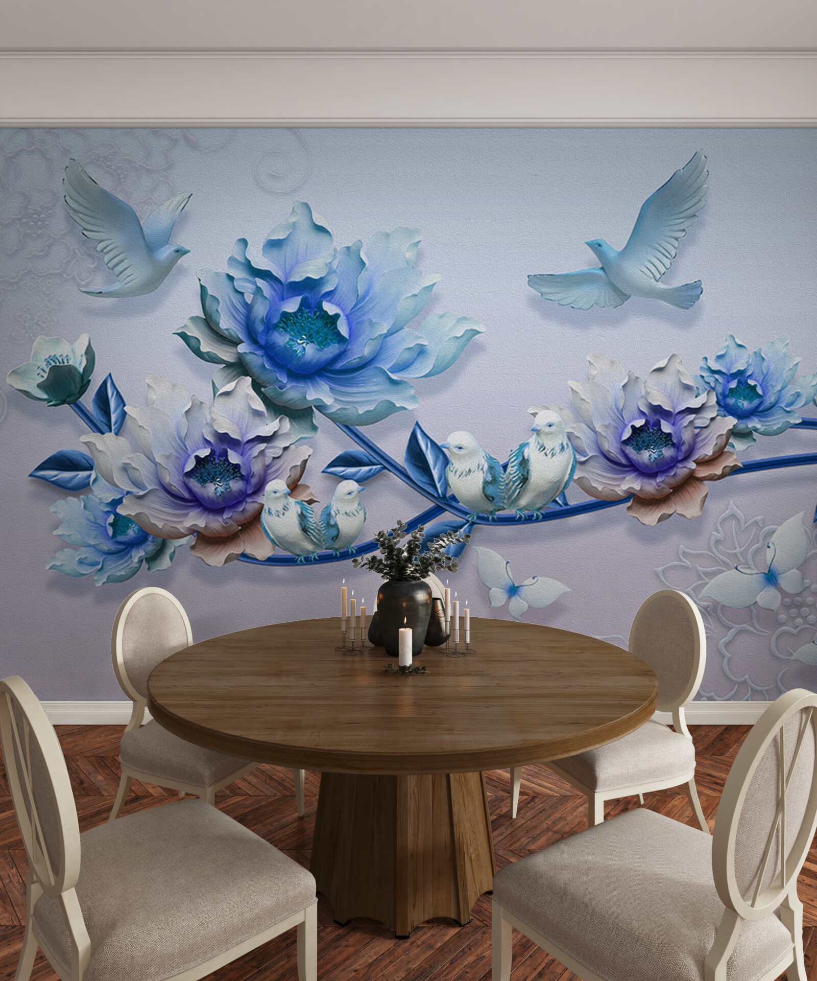 Fotobehang een tak met blauwe bloemen is een paradijs voor duiven