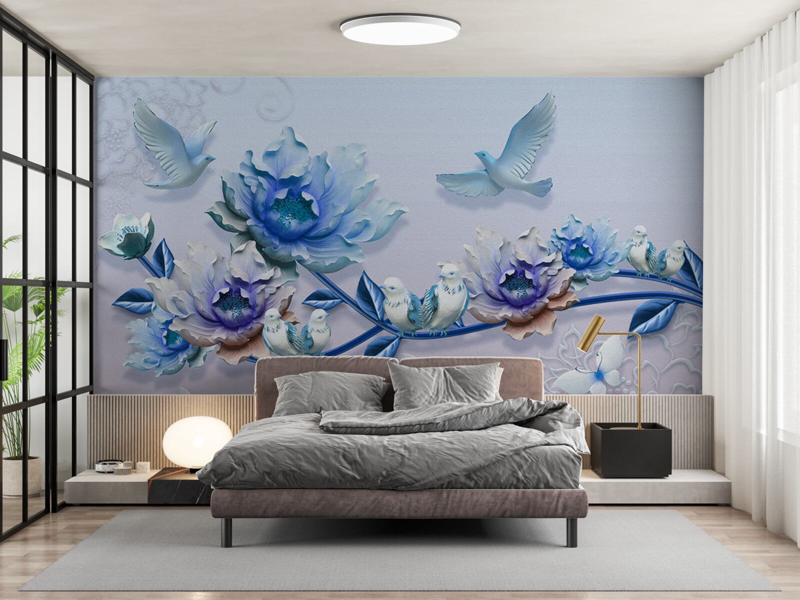 Fotobehang een tak met blauwe bloemen is een paradijs voor duiven