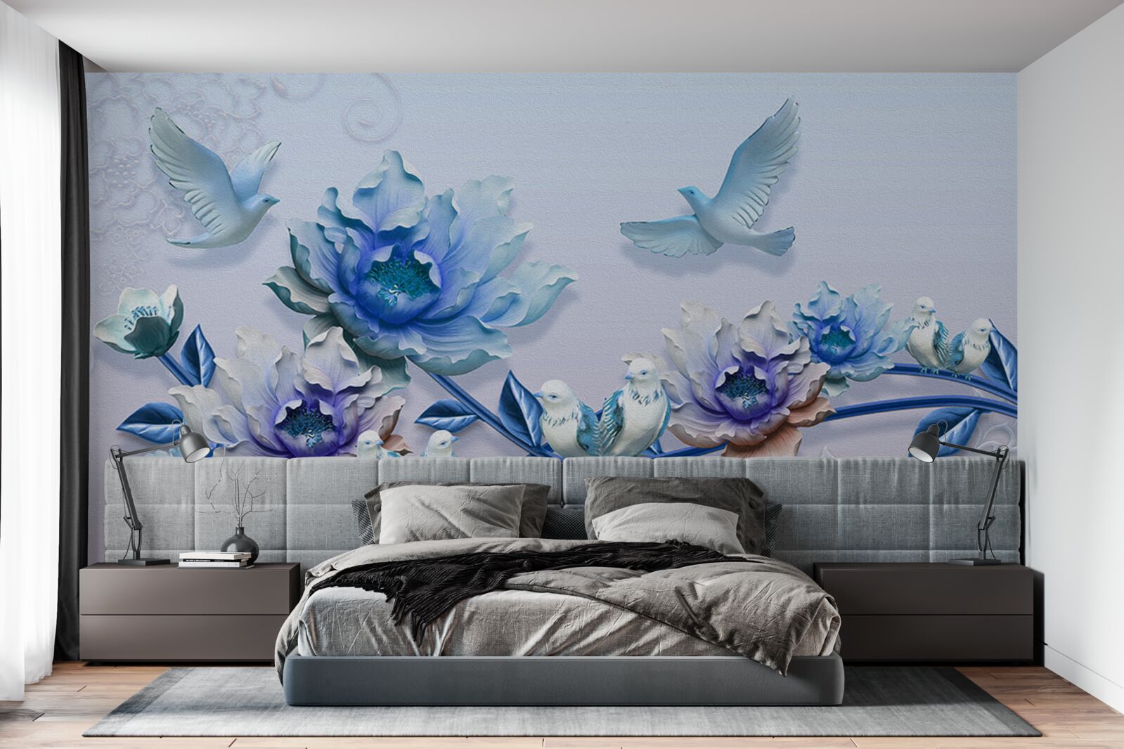 Fotobehang een tak met blauwe bloemen is een paradijs voor duiven