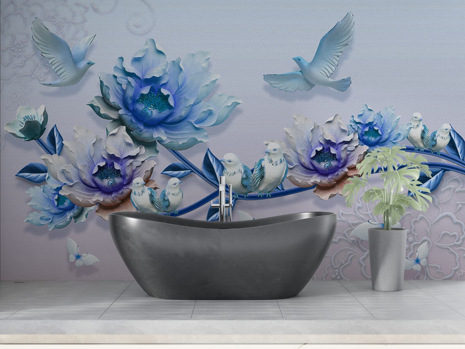 Fotobehang een tak met blauwe bloemen is een paradijs voor duiven