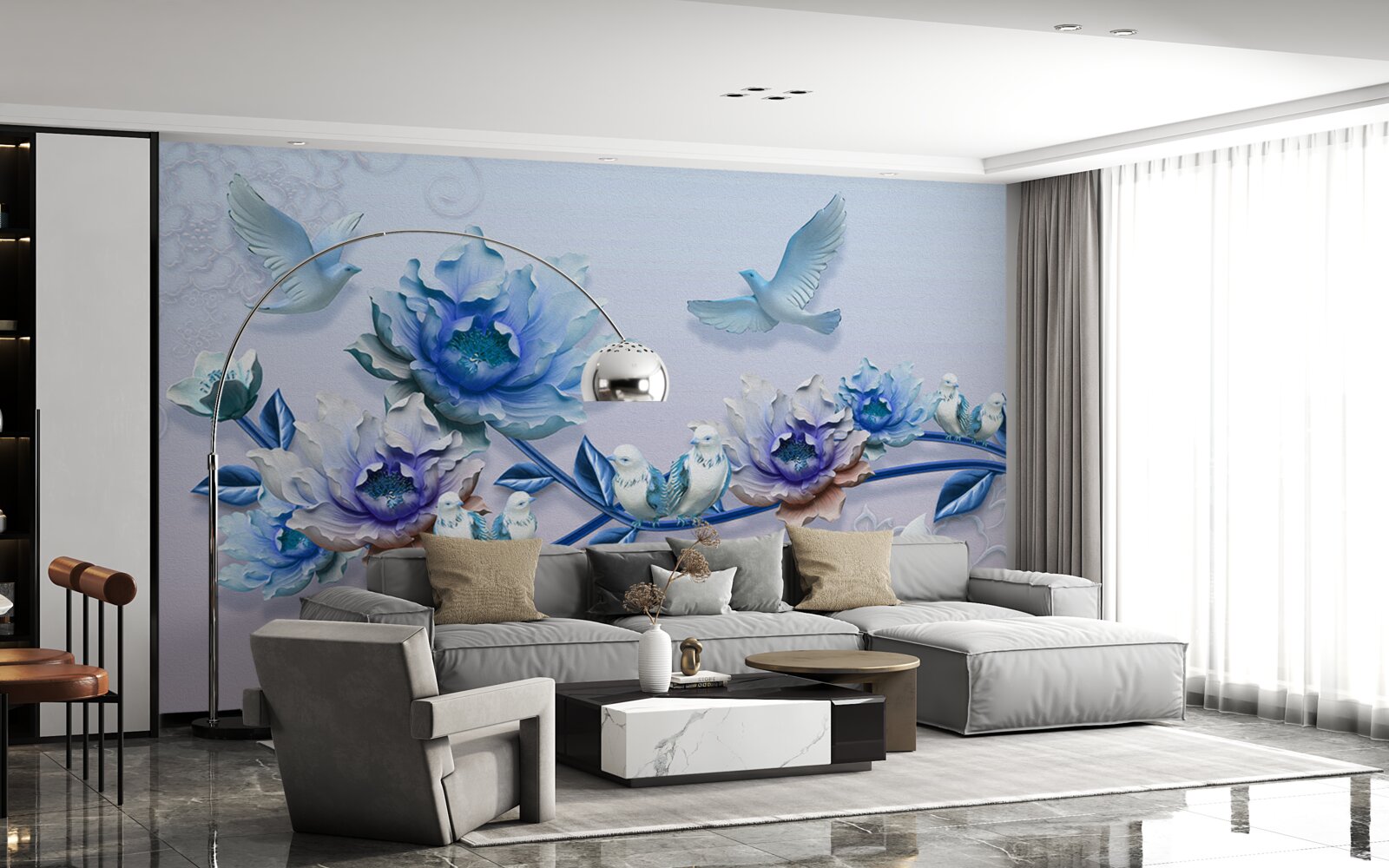 Fotobehang een tak met blauwe bloemen is een paradijs voor duiven