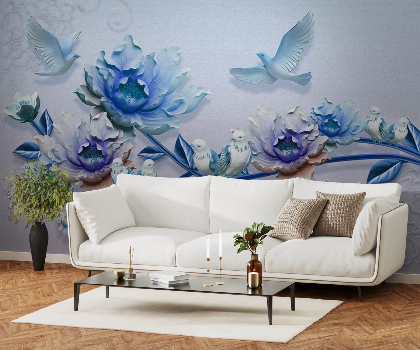 Fotobehang een tak met blauwe bloemen is een paradijs voor duiven