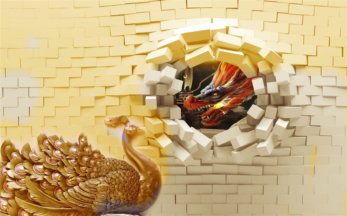 Fotobehang De muur wordt verwoest door een pauw