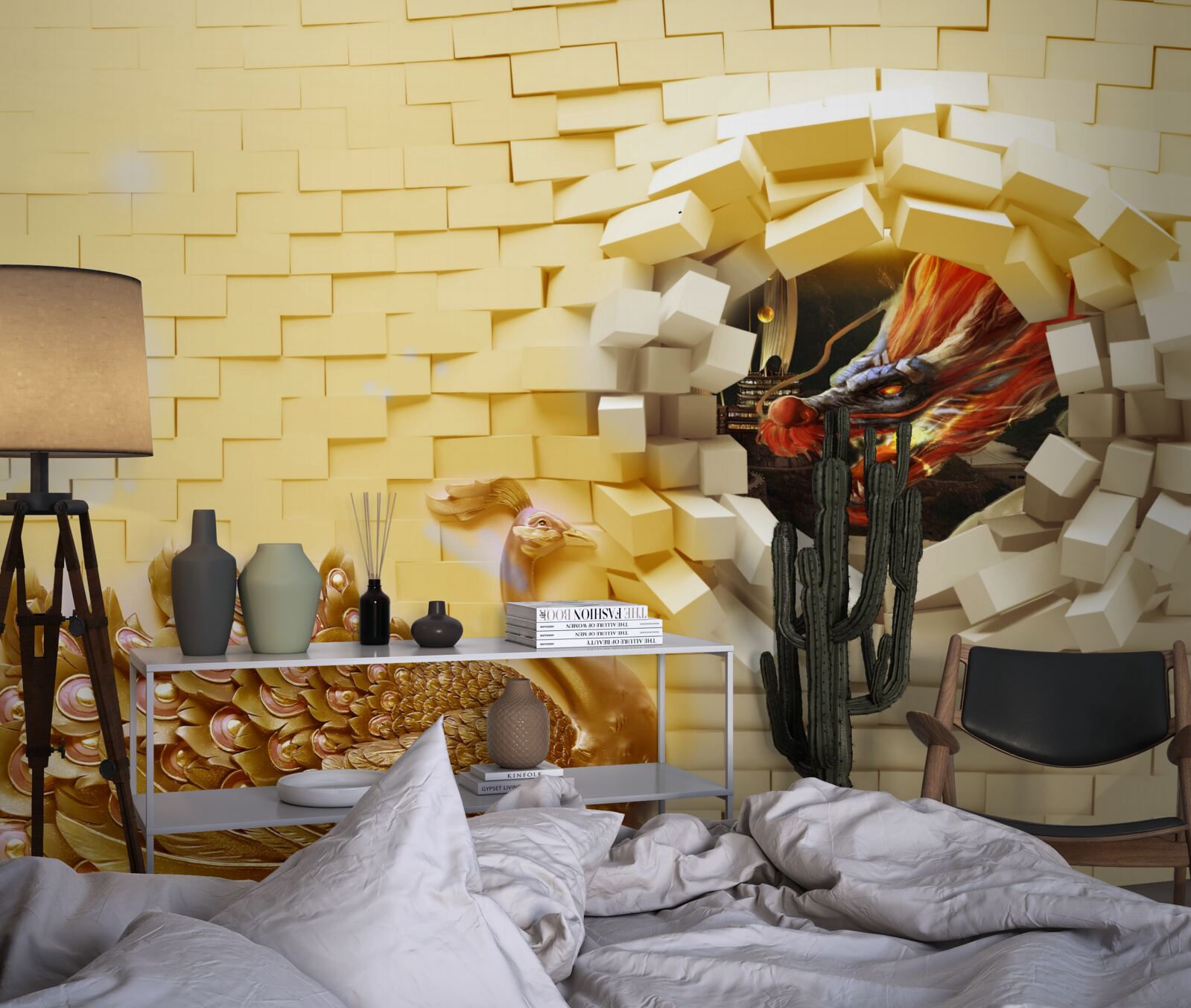 Fotobehang De muur wordt verwoest door een pauw