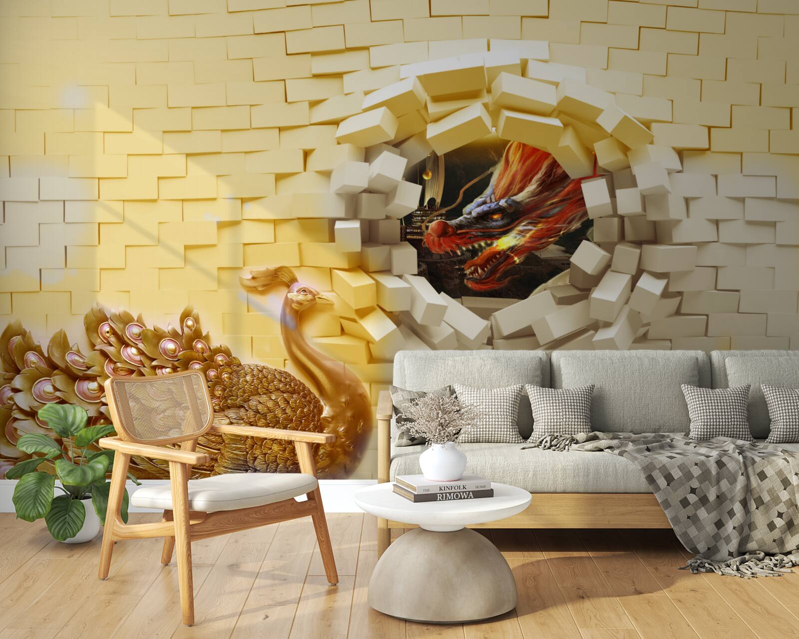 Fotobehang De muur wordt verwoest door een pauw