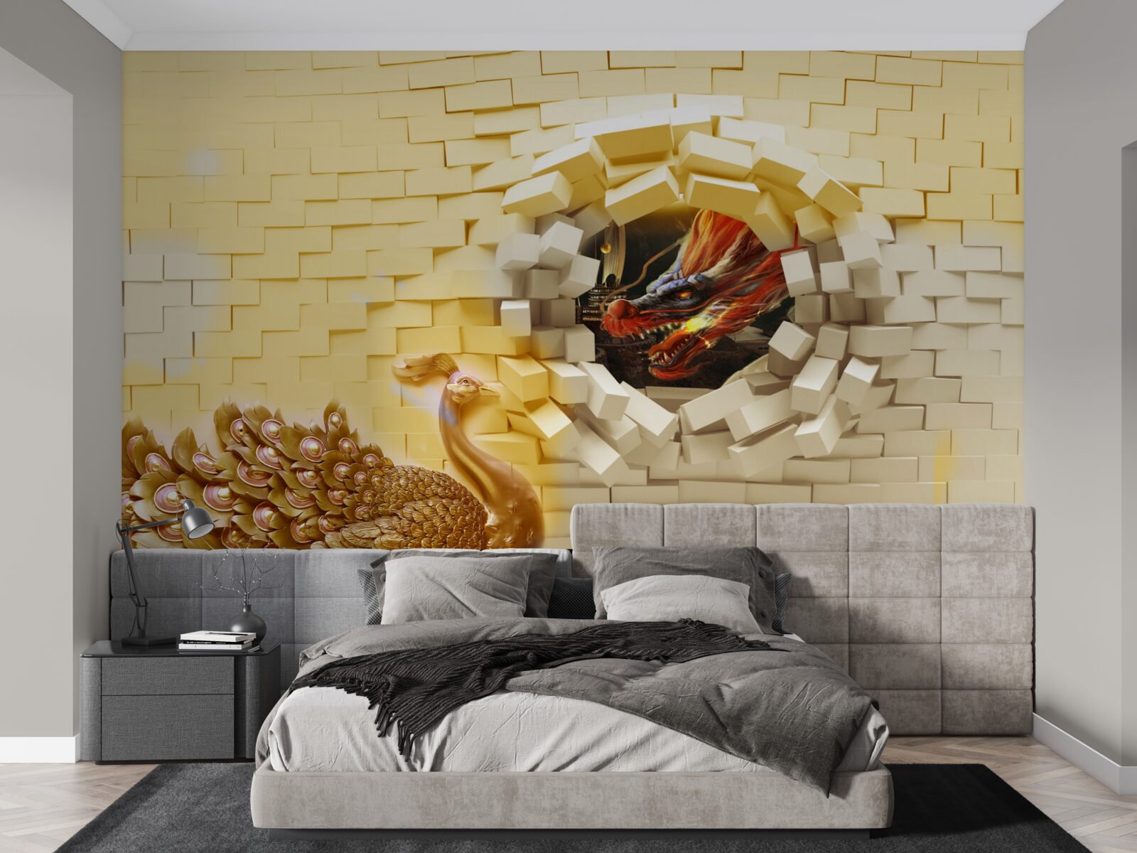 Fotobehang De muur wordt verwoest door een pauw