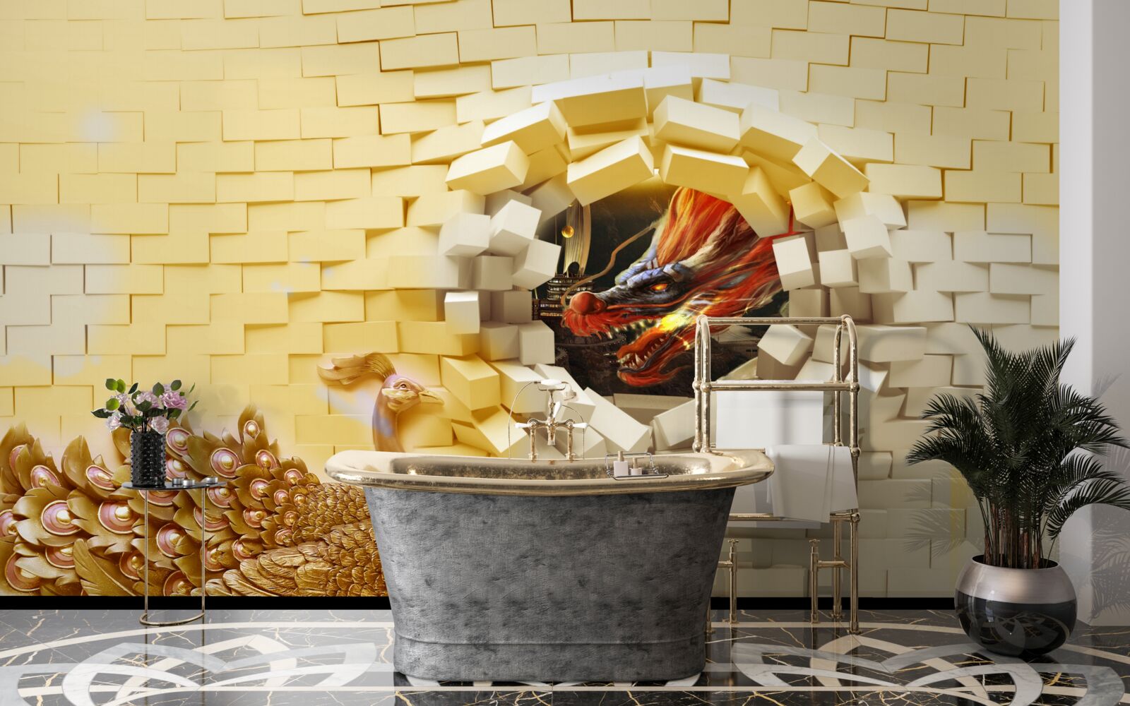 Fotobehang De muur wordt verwoest door een pauw