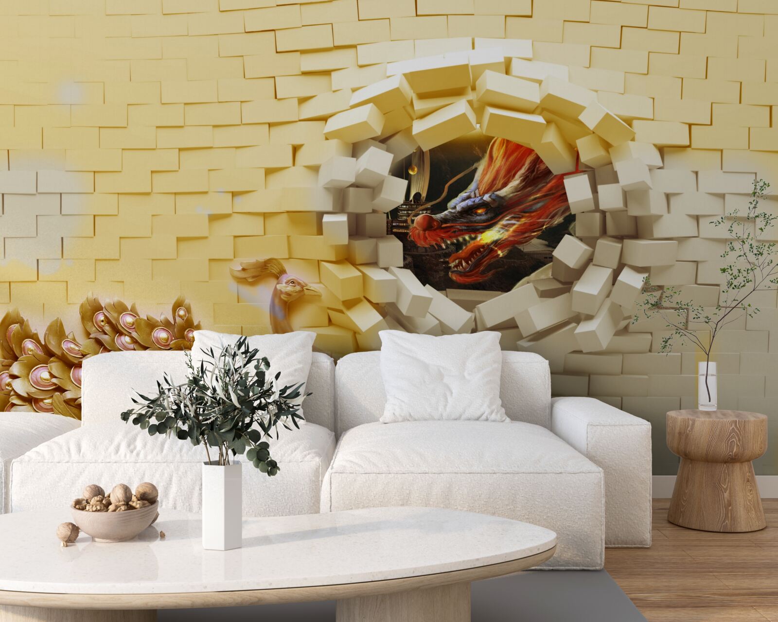 Fotobehang De muur wordt verwoest door een pauw