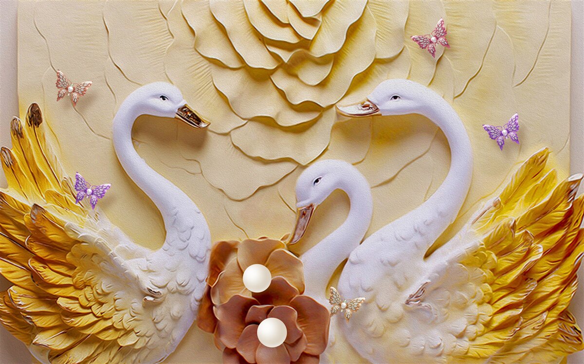 Fotobehang zwanen zijn wit met gouden vleugels