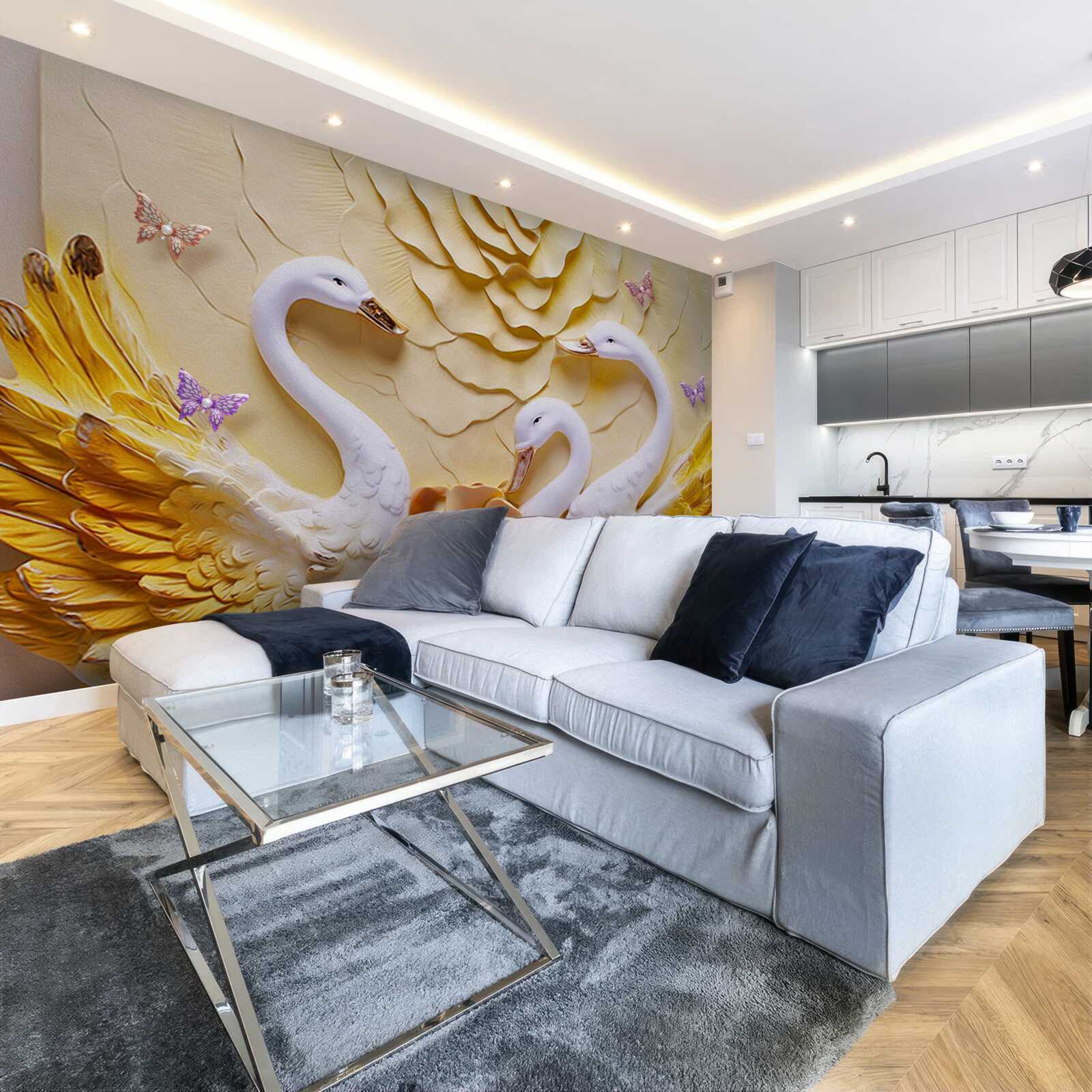 Fotobehang zwanen zijn wit met gouden vleugels