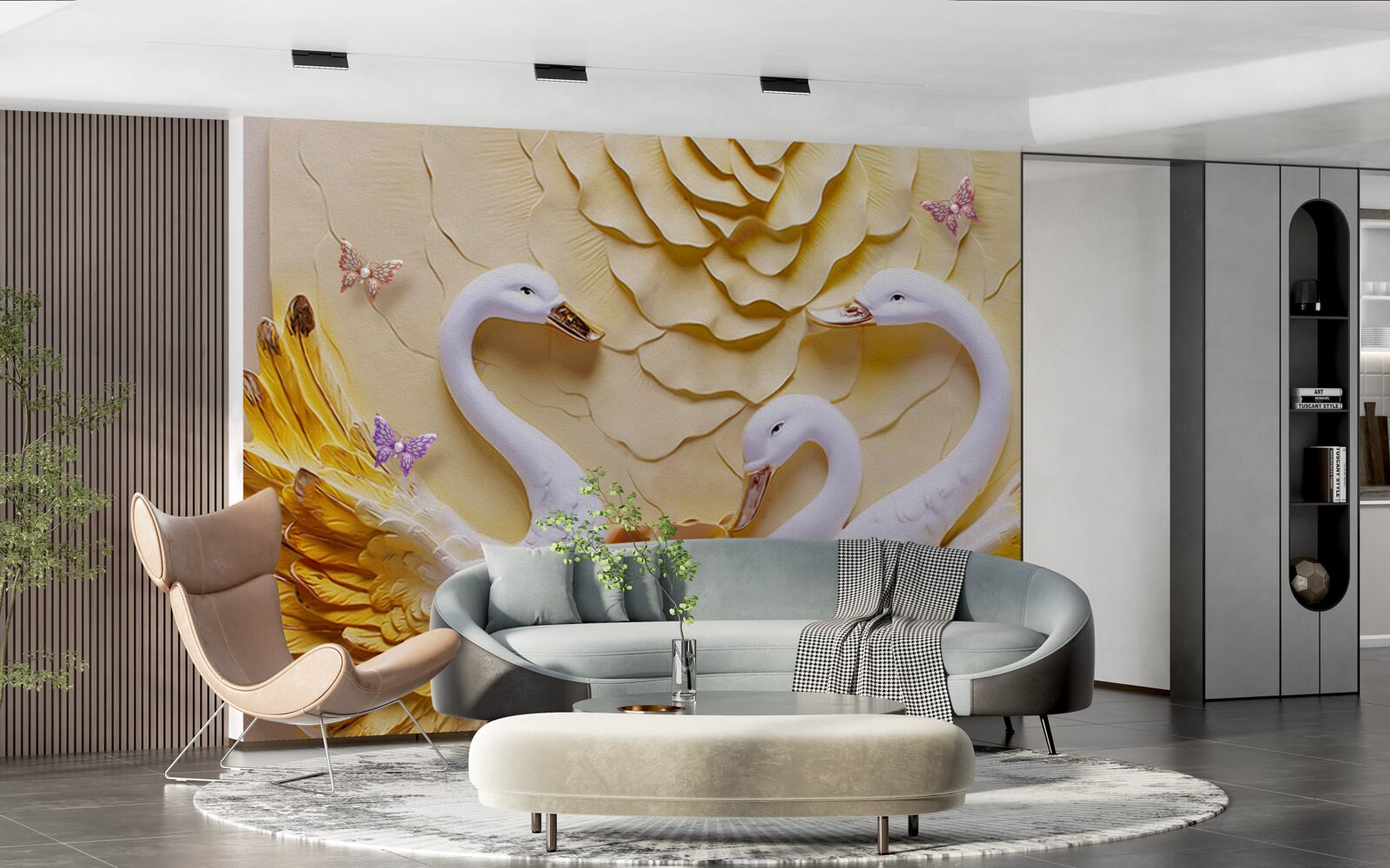 Fotobehang zwanen zijn wit met gouden vleugels