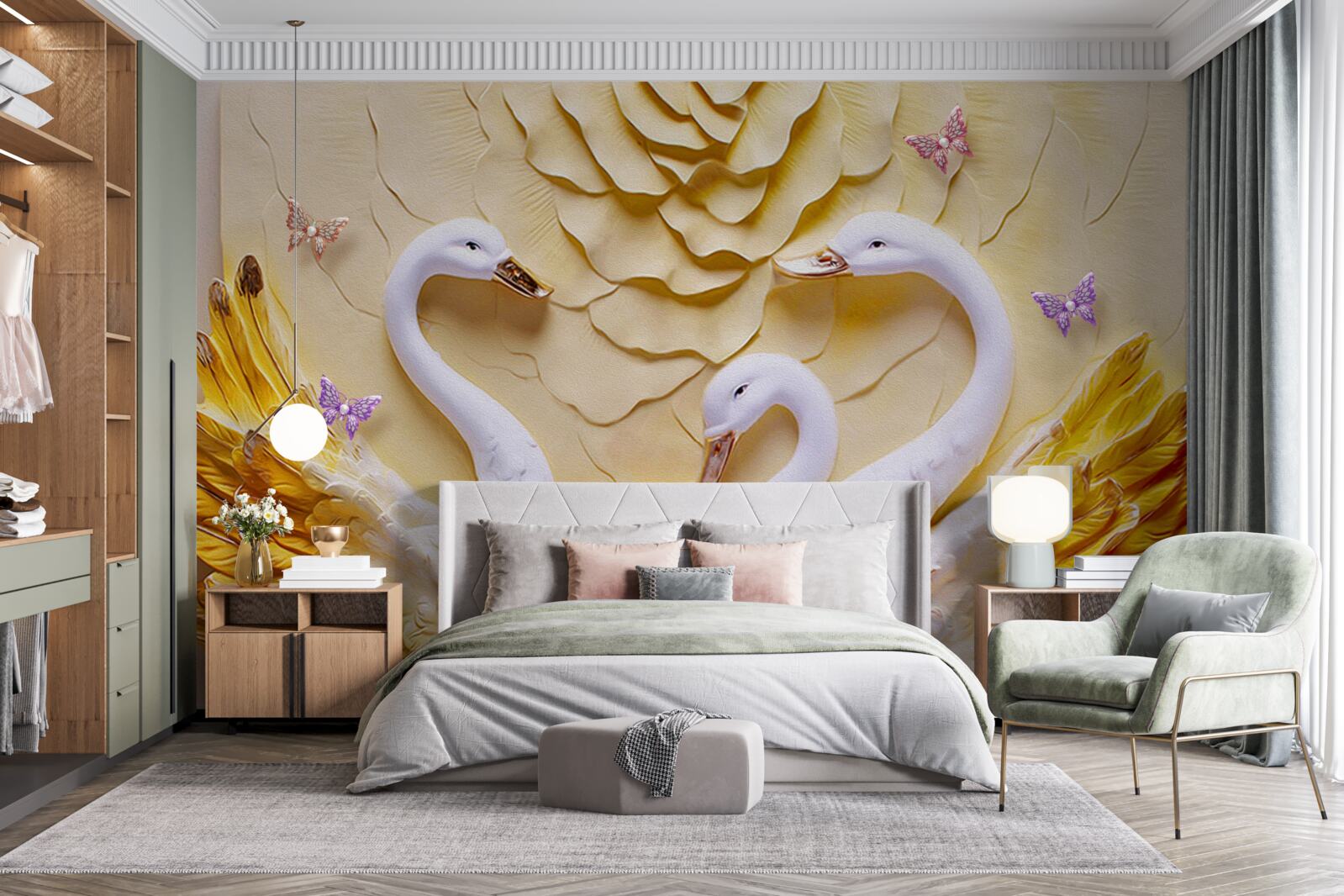 Fotobehang zwanen zijn wit met gouden vleugels