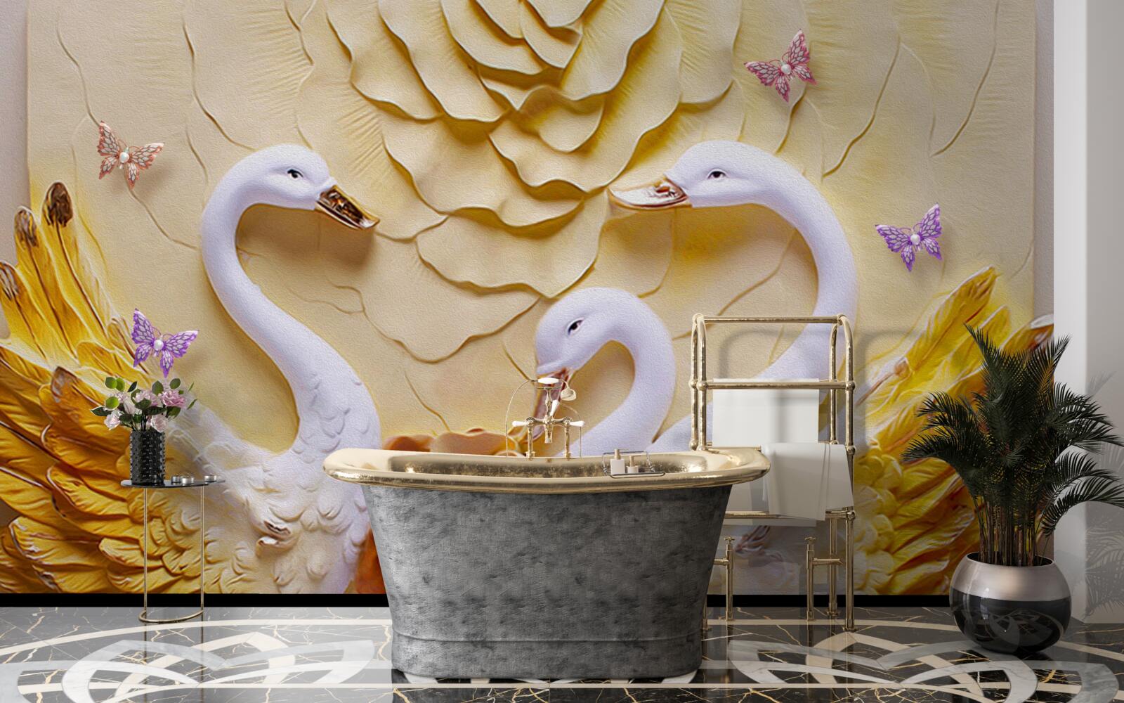 Fotobehang zwanen zijn wit met gouden vleugels