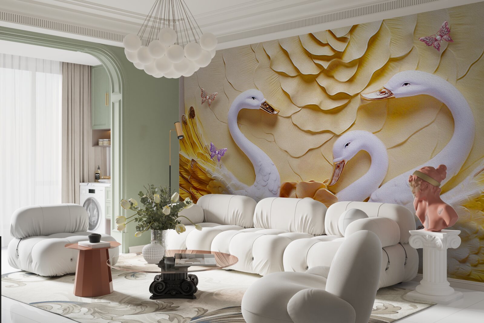 Fotobehang zwanen zijn wit met gouden vleugels