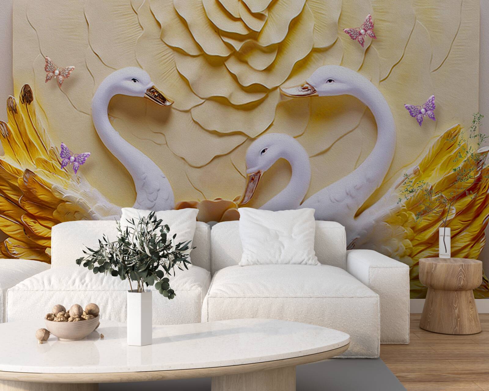 Fotobehang zwanen zijn wit met gouden vleugels