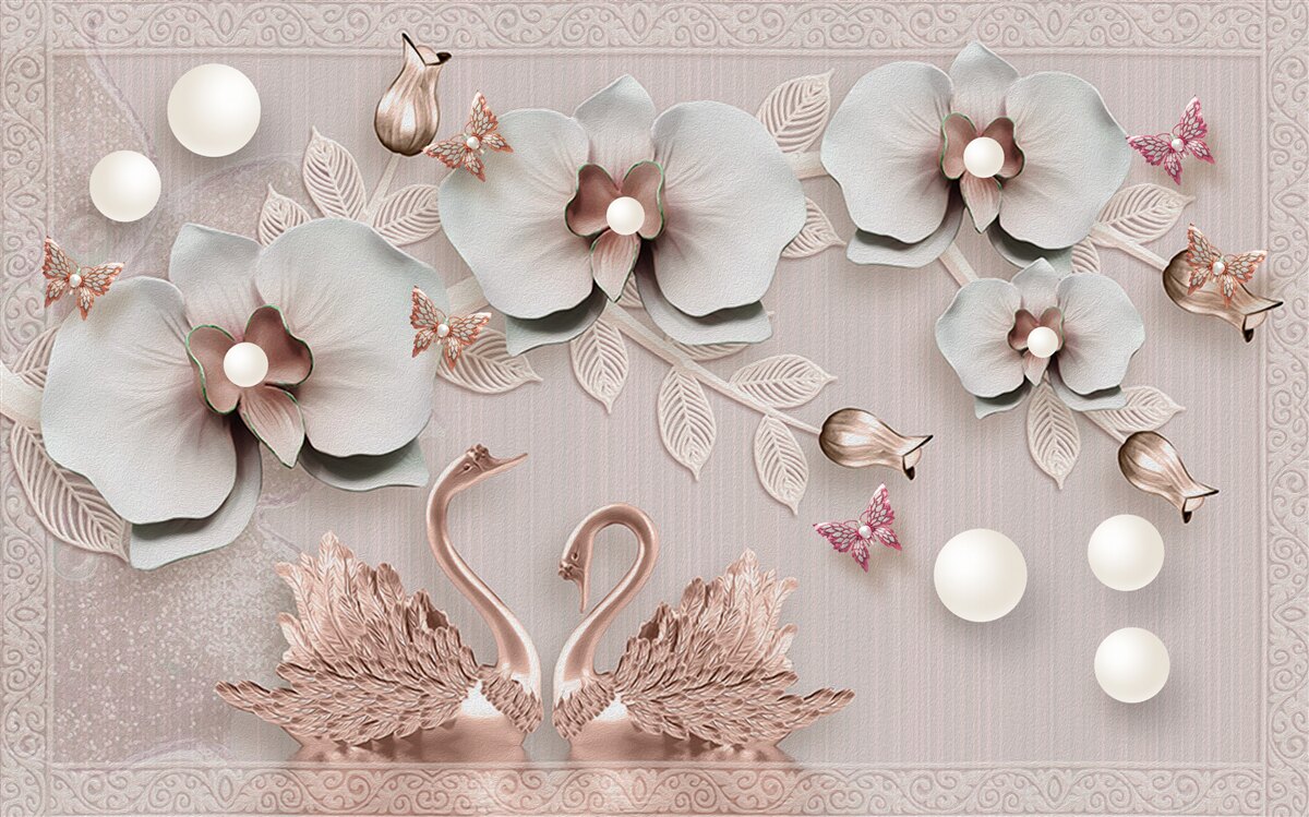 Fotobehang met goud versierde zwanen zwemmen tussen waterbloemen