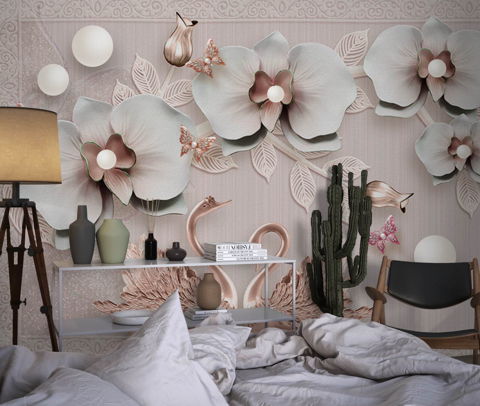 Fotobehang met goud versierde zwanen zwemmen tussen waterbloemen