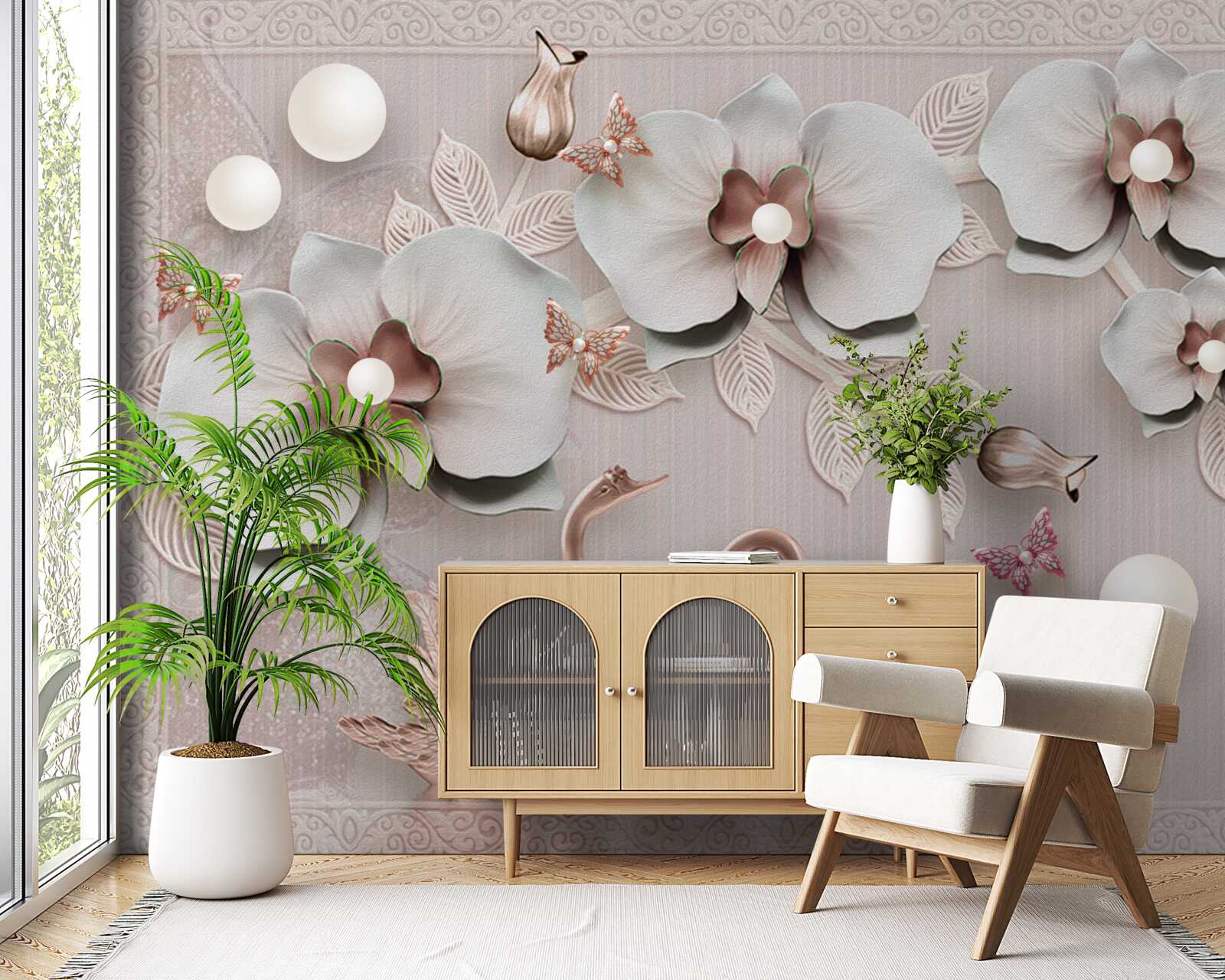 Fotobehang met goud versierde zwanen zwemmen tussen waterbloemen