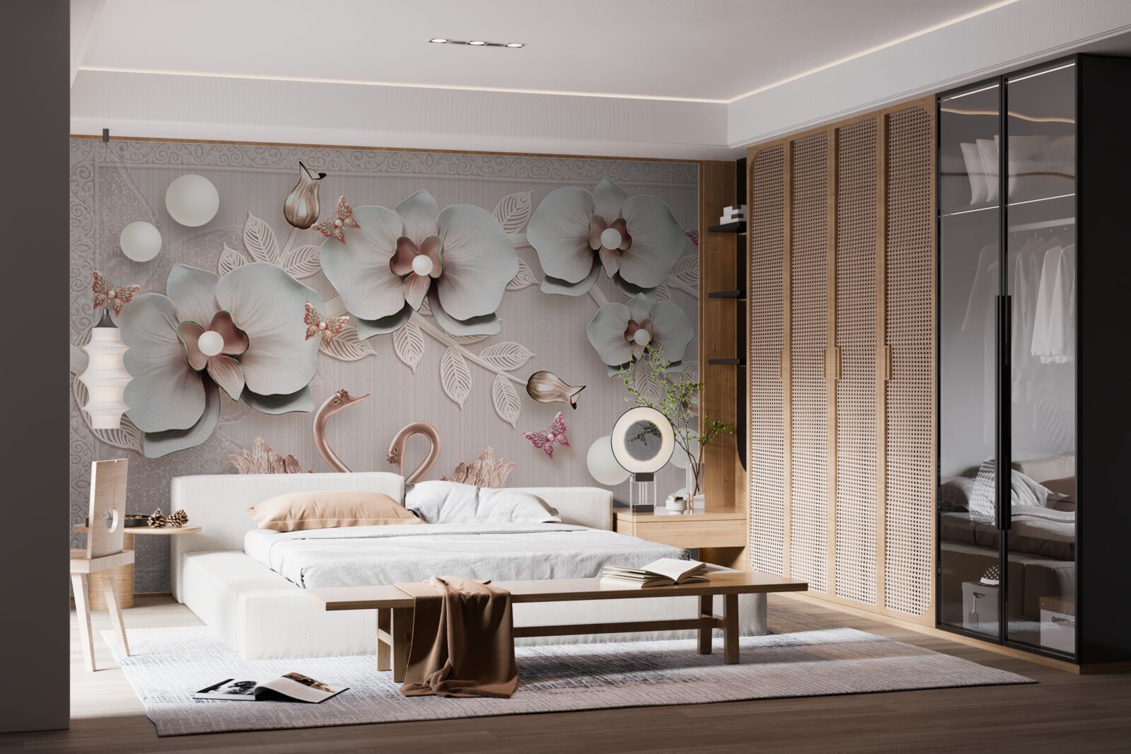 Fotobehang met goud versierde zwanen zwemmen tussen waterbloemen