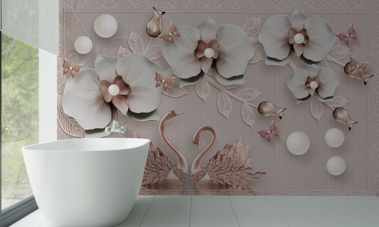 Fotobehang met goud versierde zwanen zwemmen tussen waterbloemen