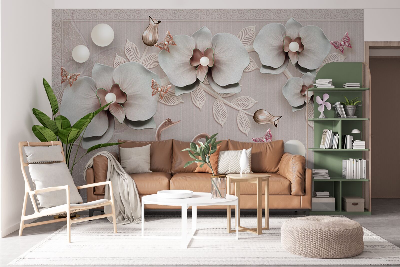 Fotobehang met goud versierde zwanen zwemmen tussen waterbloemen