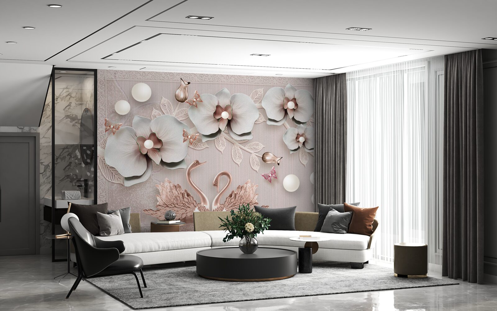 Fotobehang met goud versierde zwanen zwemmen tussen waterbloemen