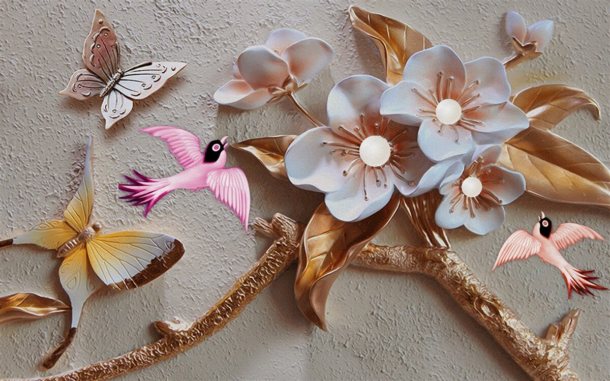 Fotobehang bloemen brengen vreugde aan vlinders en zwaluwen