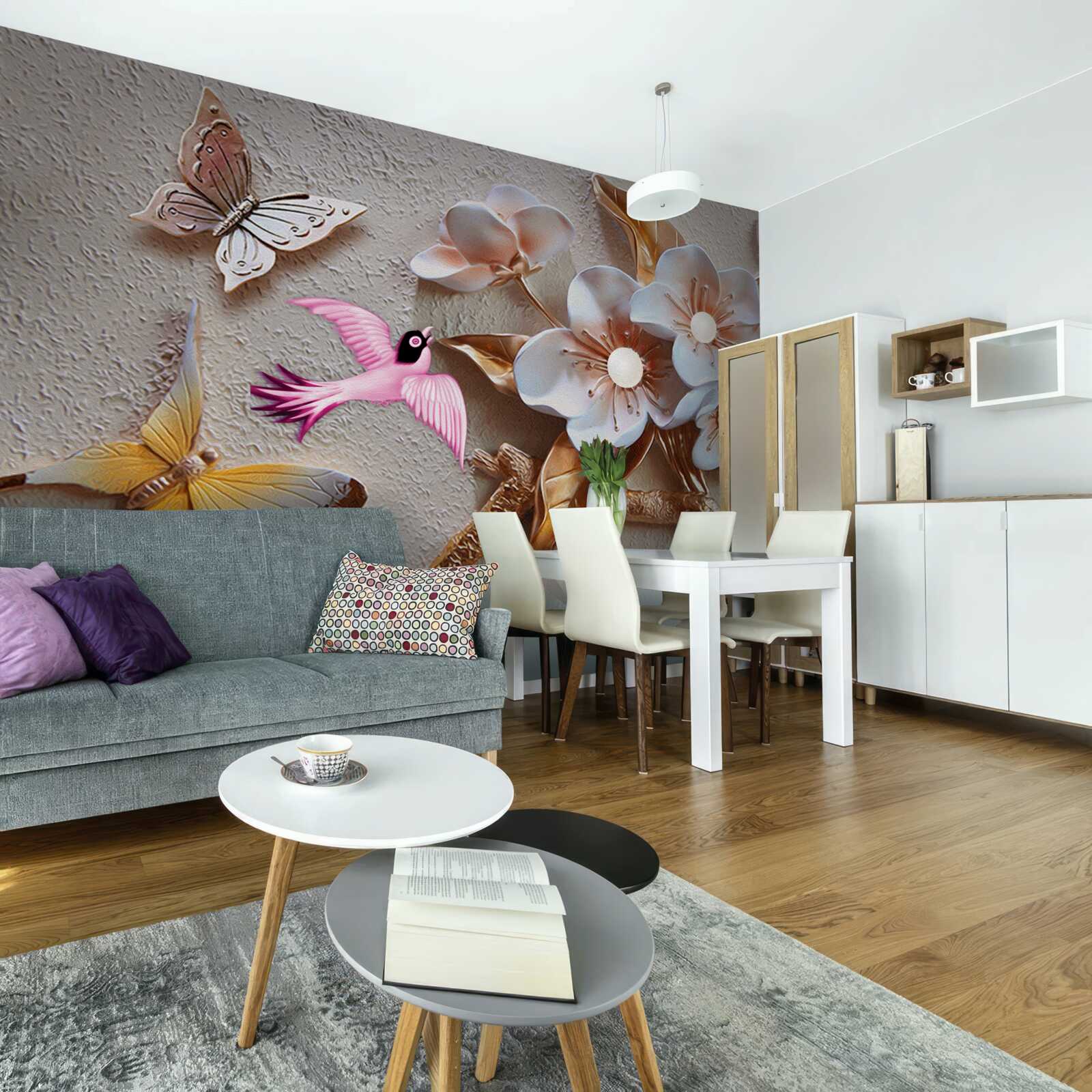 Fotobehang bloemen brengen vreugde aan vlinders en zwaluwen