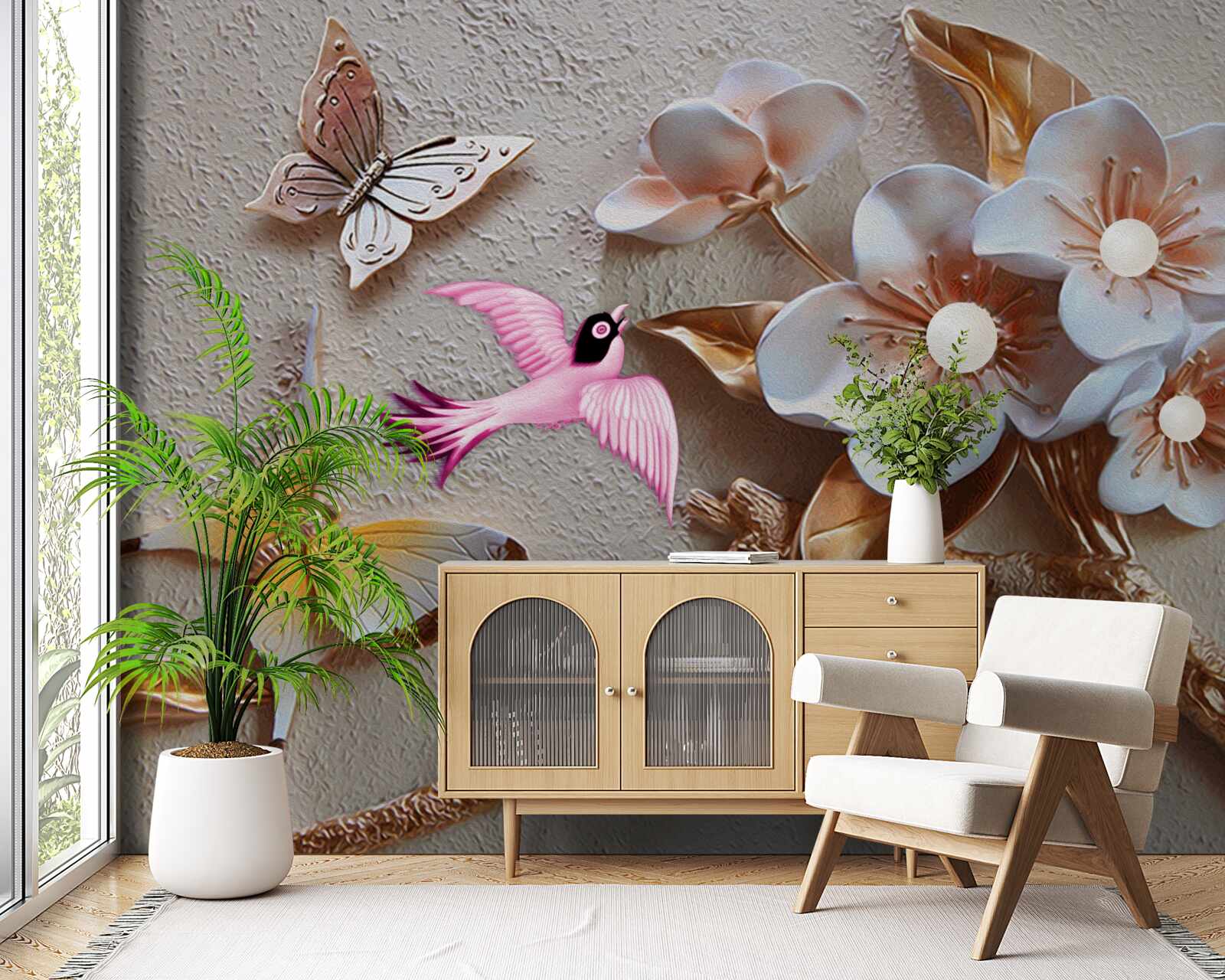 Fotobehang bloemen brengen vreugde aan vlinders en zwaluwen