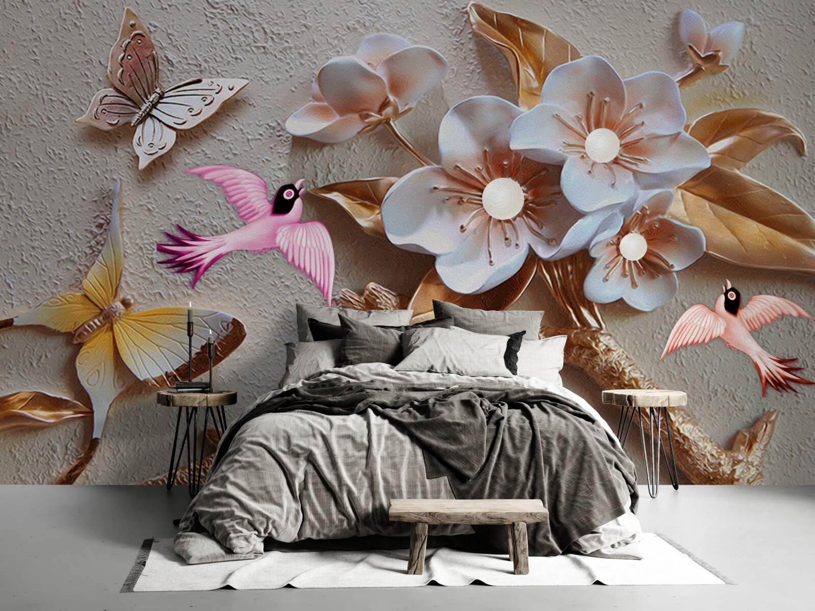 Fotobehang bloemen brengen vreugde aan vlinders en zwaluwen