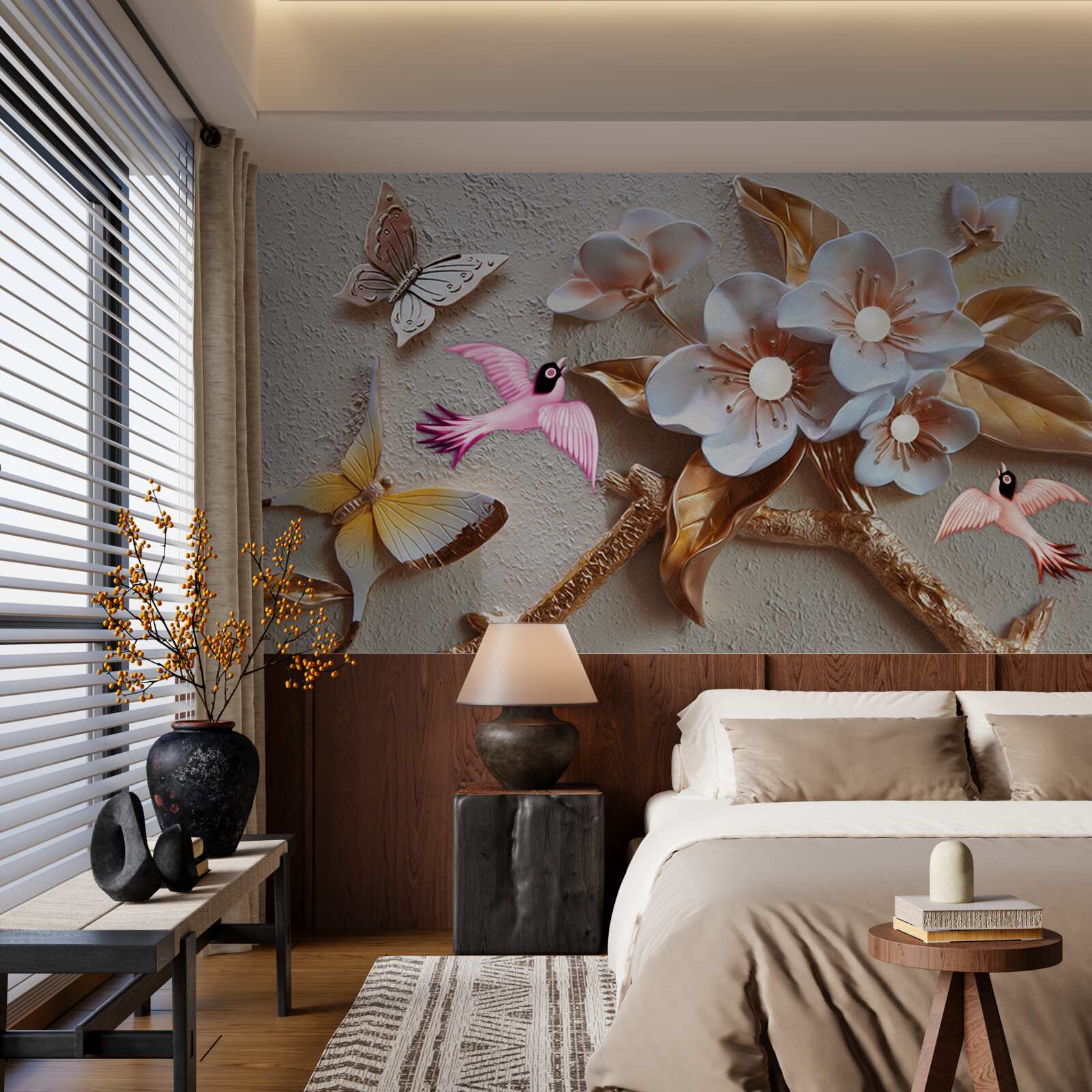 Fotobehang bloemen brengen vreugde aan vlinders en zwaluwen