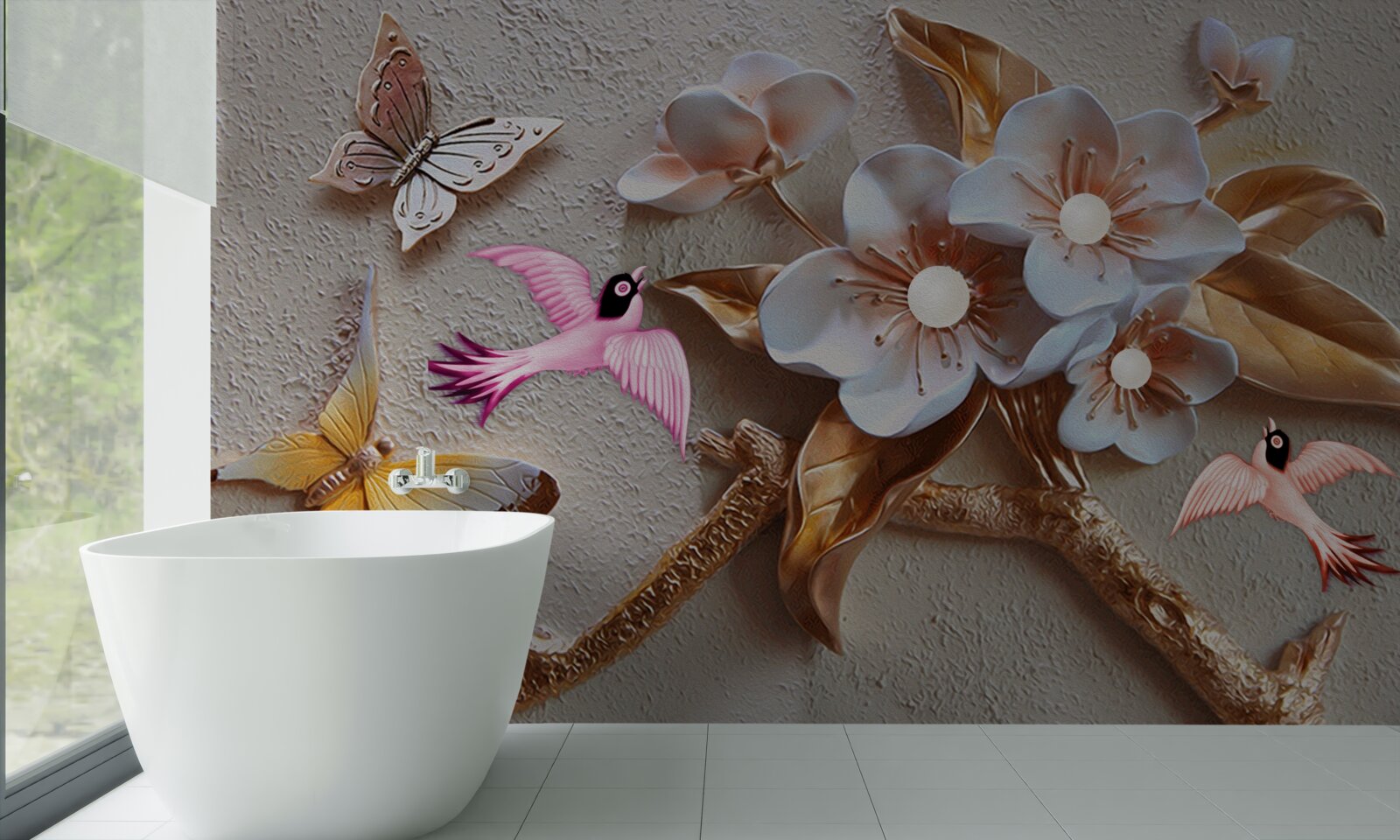 Fotobehang bloemen brengen vreugde aan vlinders en zwaluwen