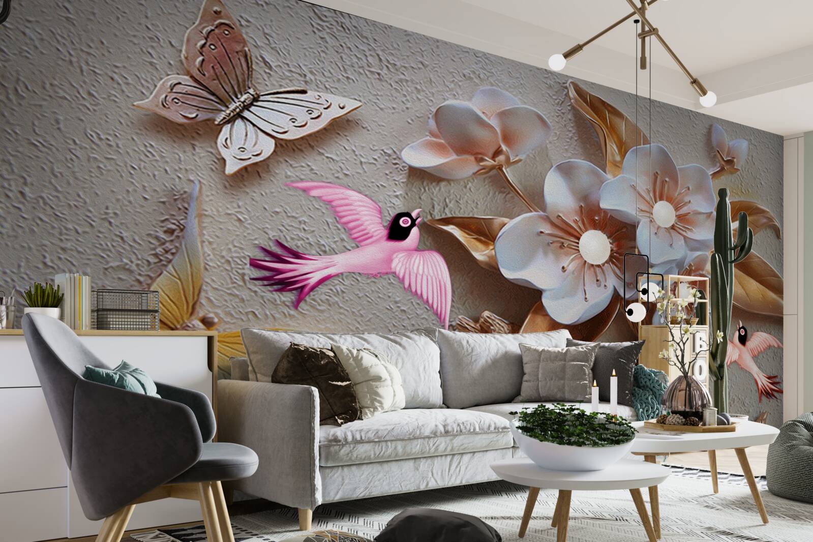 Fotobehang bloemen brengen vreugde aan vlinders en zwaluwen