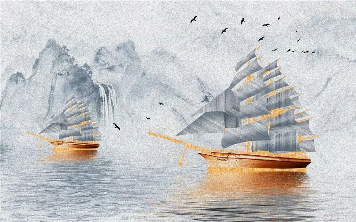 Fotobehang een pittoresk schip vaart de haven uit