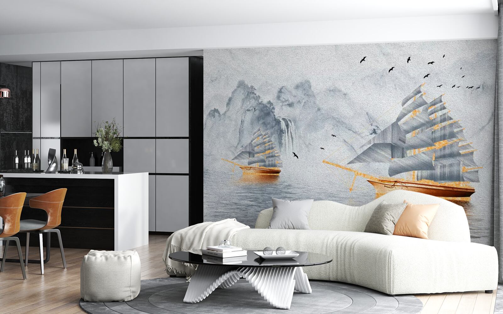 Fotobehang een pittoresk schip vaart de haven uit