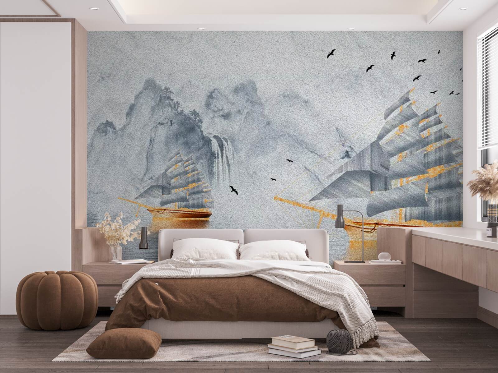 Fotobehang een pittoresk schip vaart de haven uit