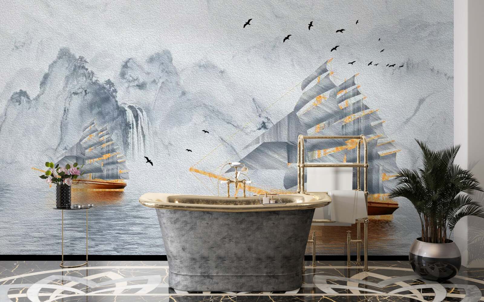 Fotobehang een pittoresk schip vaart de haven uit