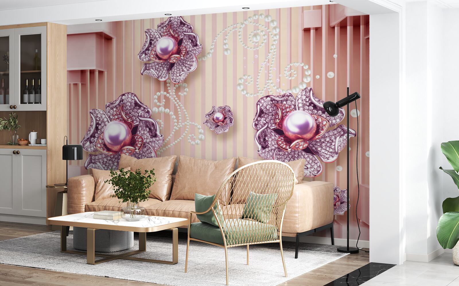 Fotobehang diamant en parel bloemen op een roze achtergrond