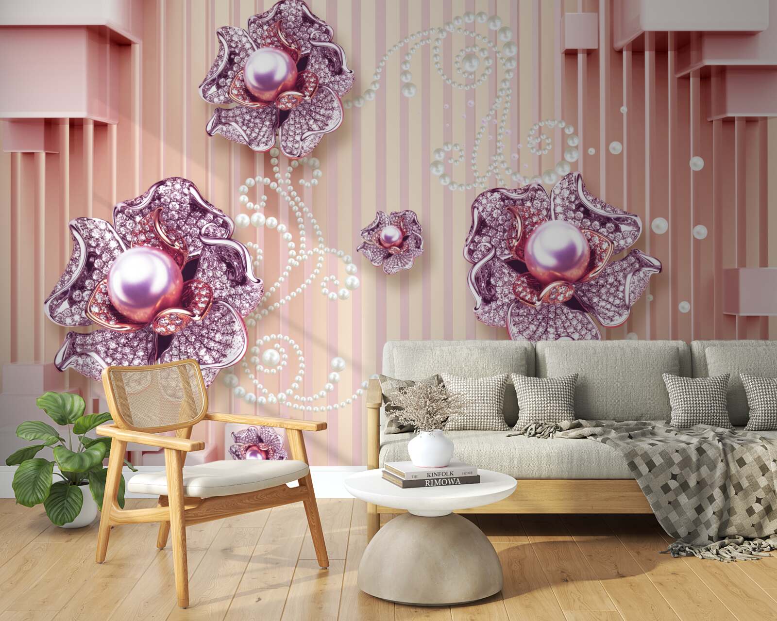 Fotobehang diamant en parel bloemen op een roze achtergrond