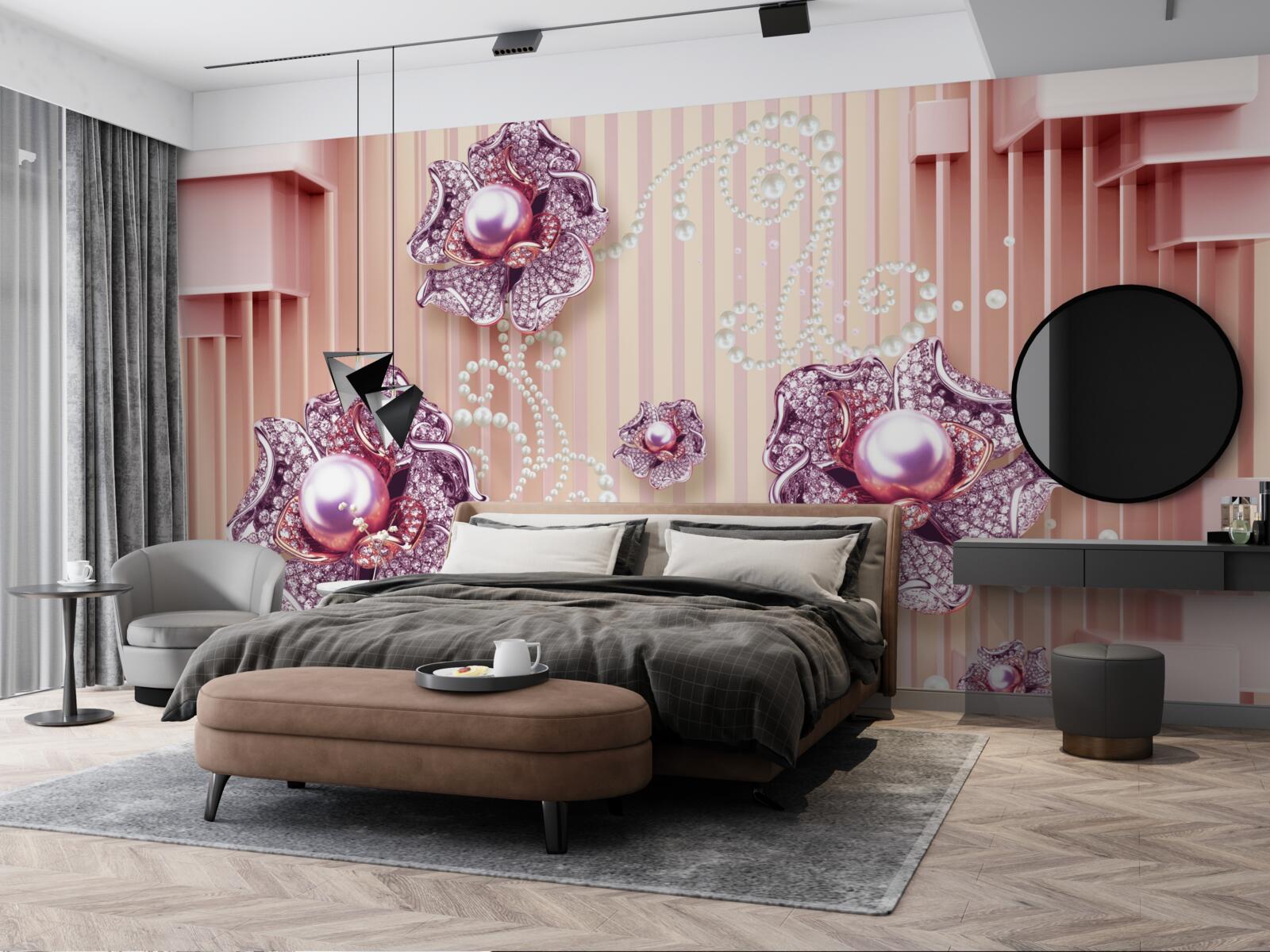 Fotobehang diamant en parel bloemen op een roze achtergrond