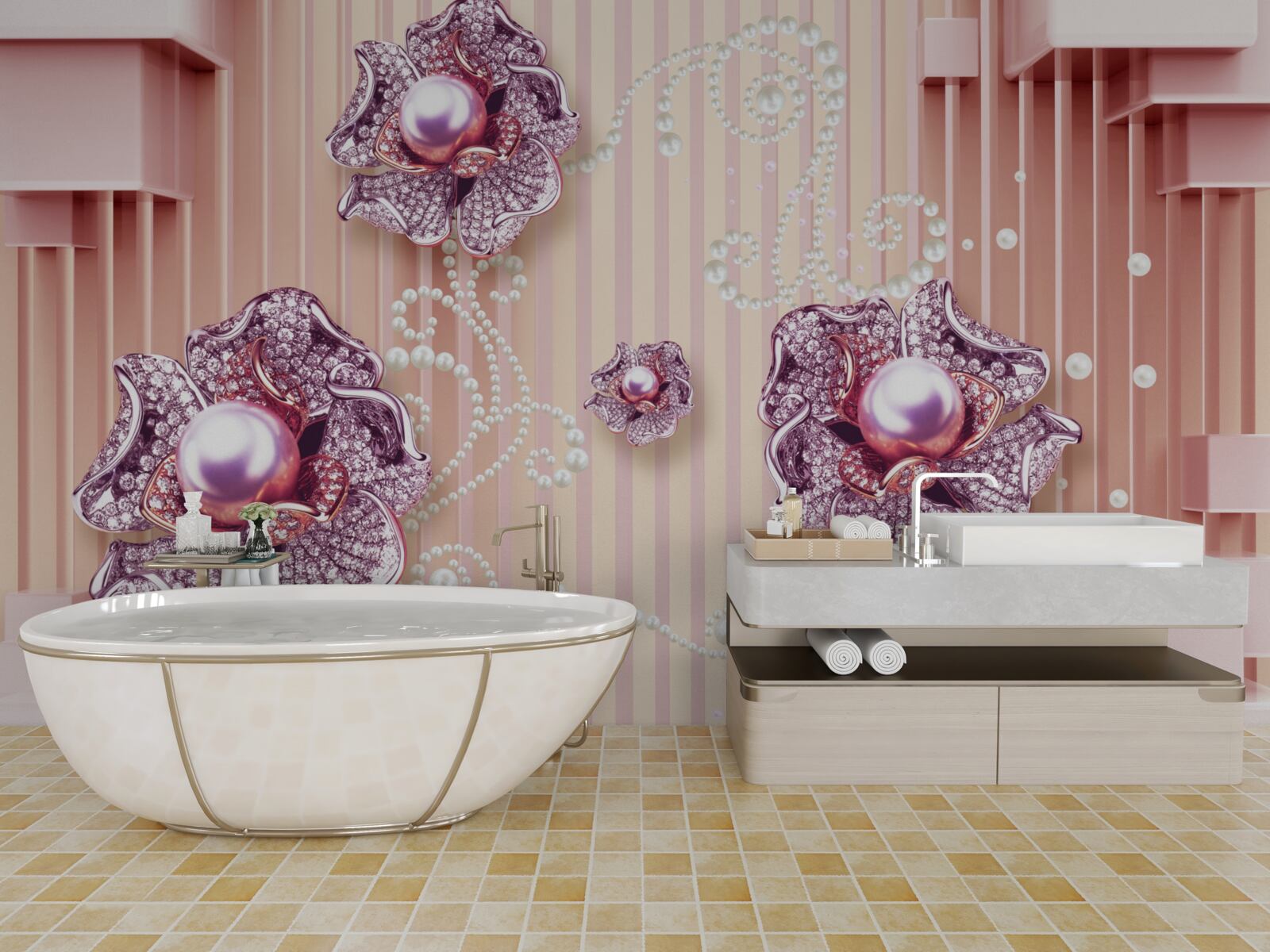 Fotobehang diamant en parel bloemen op een roze achtergrond