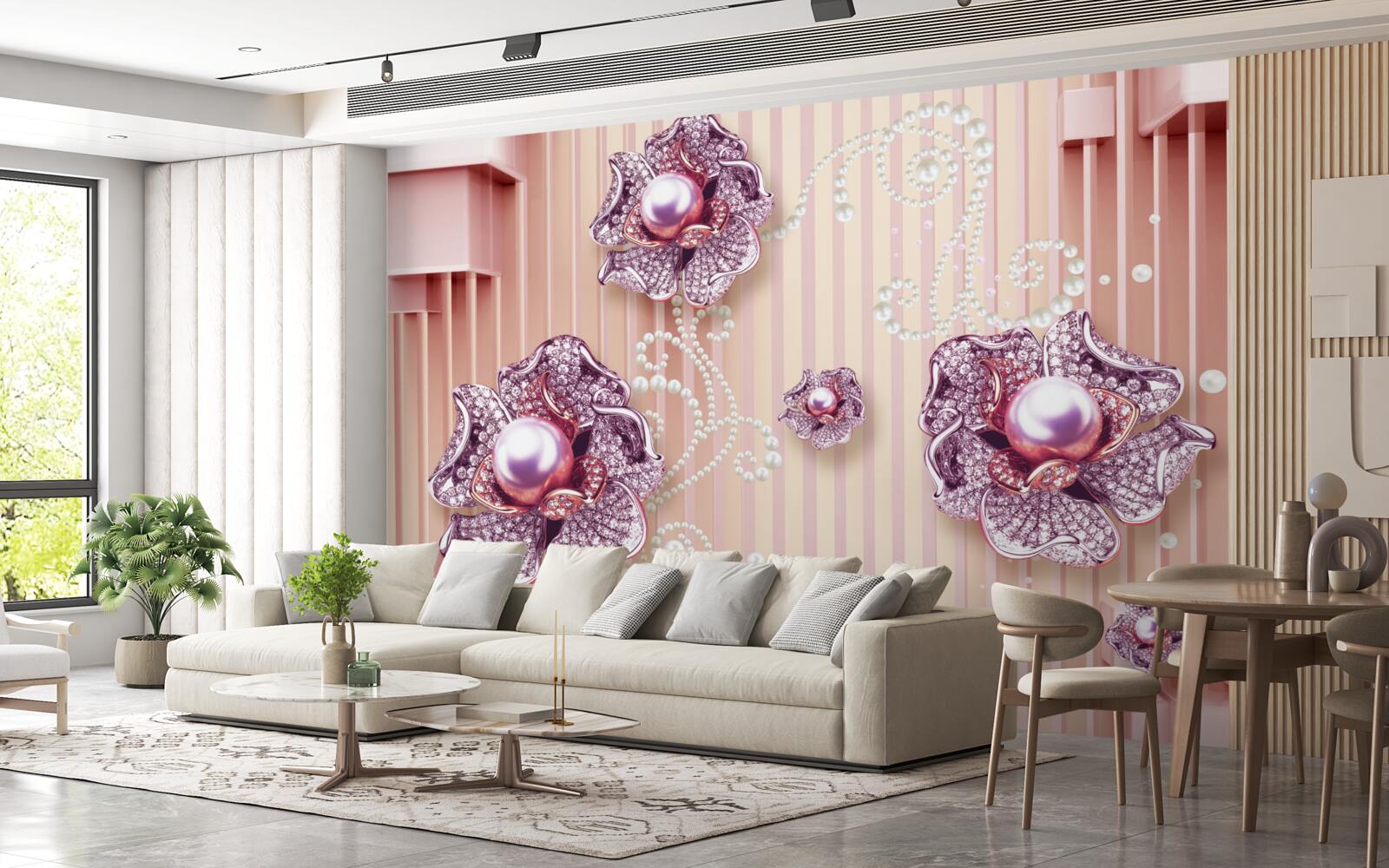 Fotobehang diamant en parel bloemen op een roze achtergrond