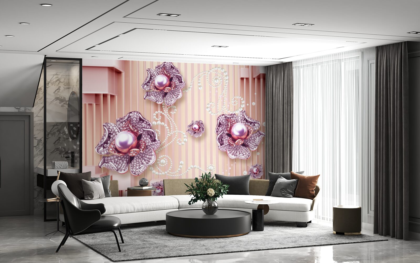 Fotobehang diamant en parel bloemen op een roze achtergrond