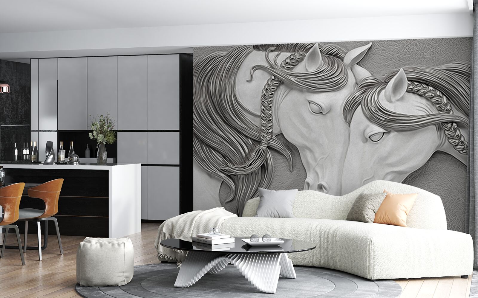 Fotobehang reliëf met verliefde paarden