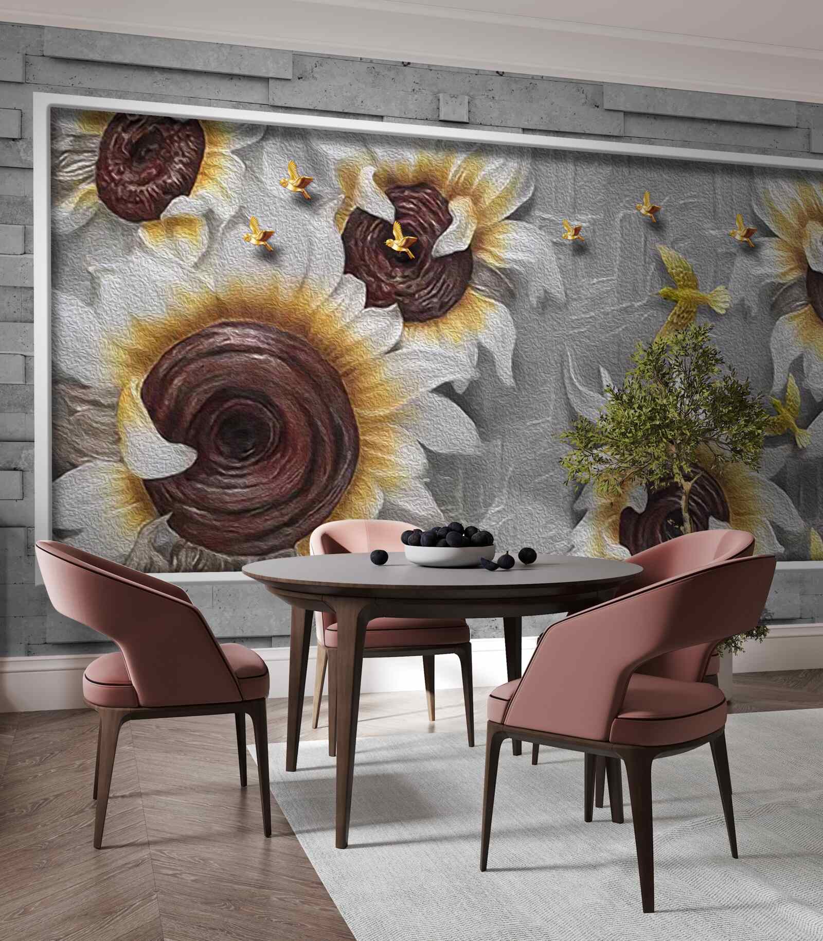 Fotobehang witte zonnebloemen en vlinders