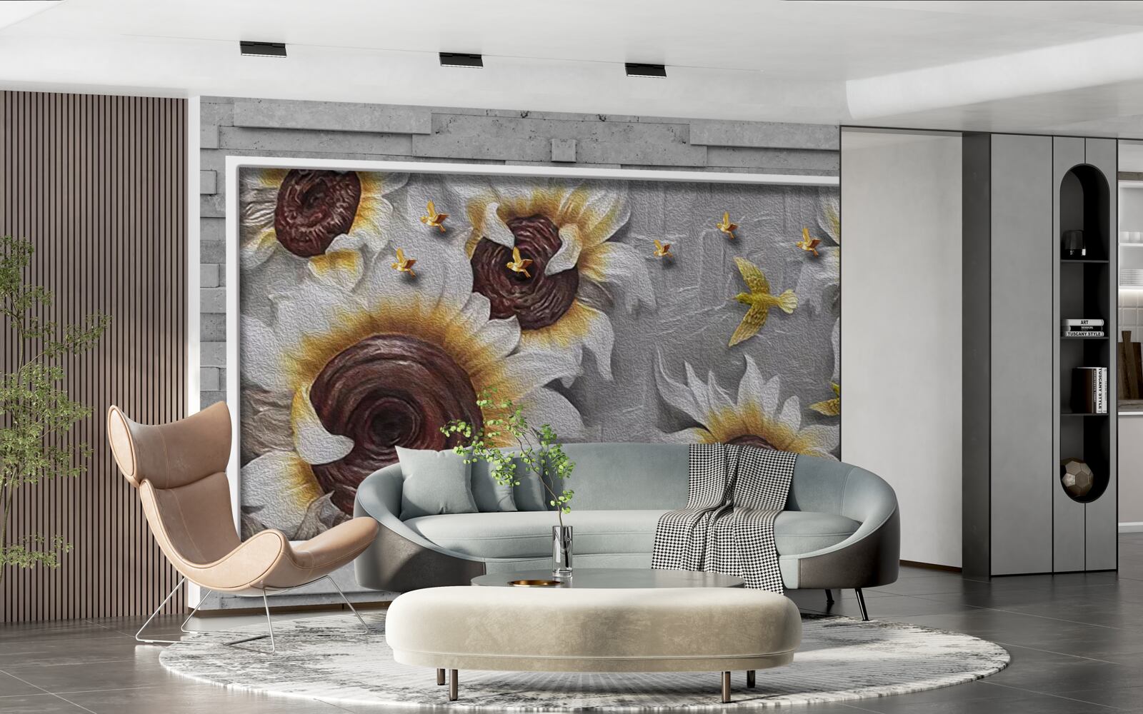 Fotobehang witte zonnebloemen en vlinders